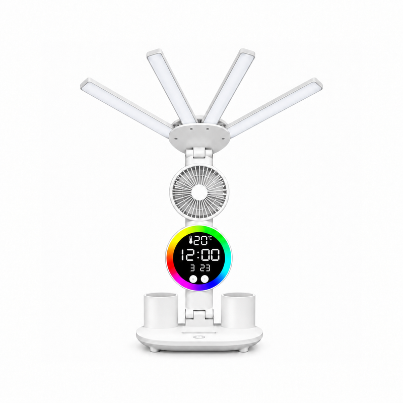 Lampe de bureau enfant à 4 bras lumineux avec ventilateur et horloge