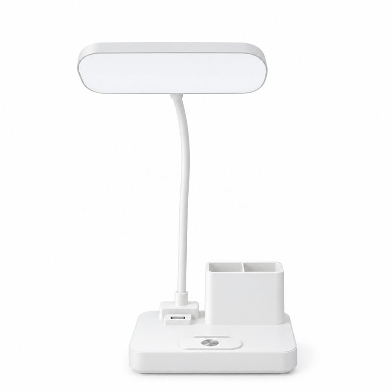Lampe de bureau enfant rechargeable blanche avec pot à crayons et bras flexible