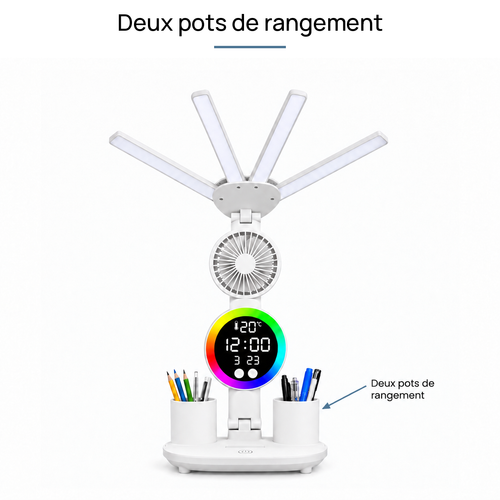 Lampe de bureau enfant à 4 bras lumineux avec ventilateur et horloge