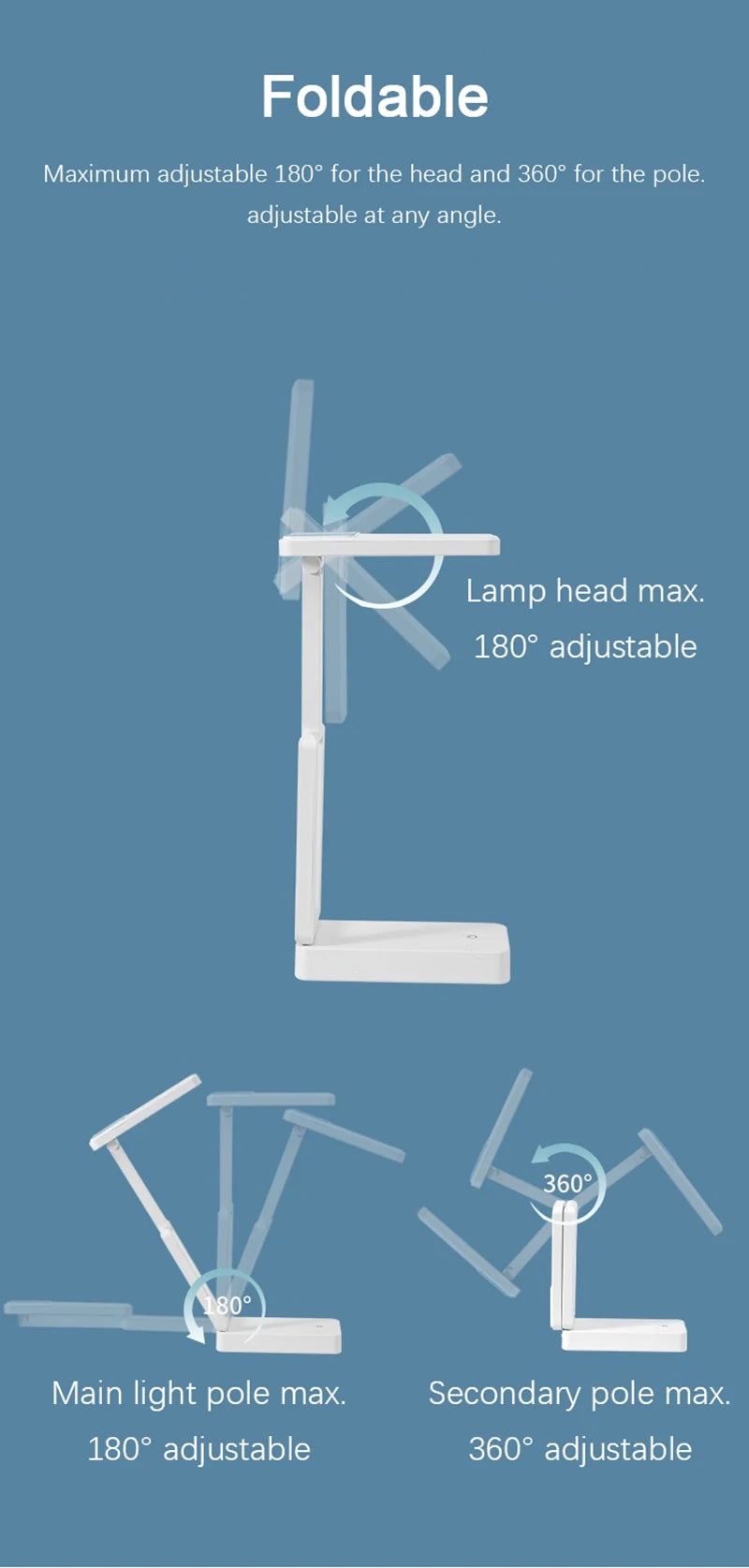 Lampe de bureau sans fil pliable rechargeable à tête orientable