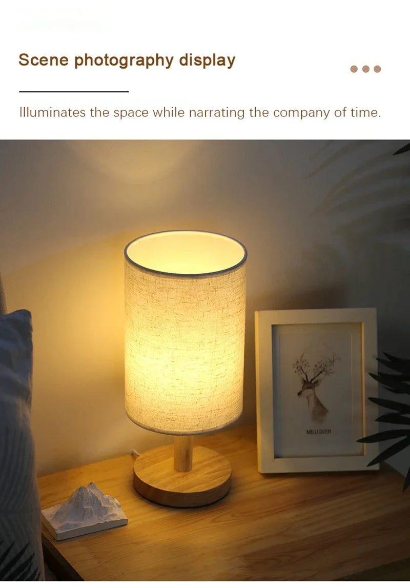 Lampe de bureau LED abat-jour en tissu et pied en bois, 3 teintes