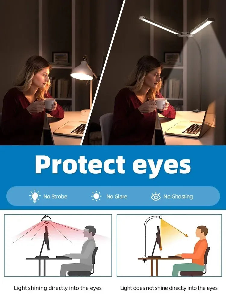 Lampe de bureau LED à pince, double tête et col de cygne flexible