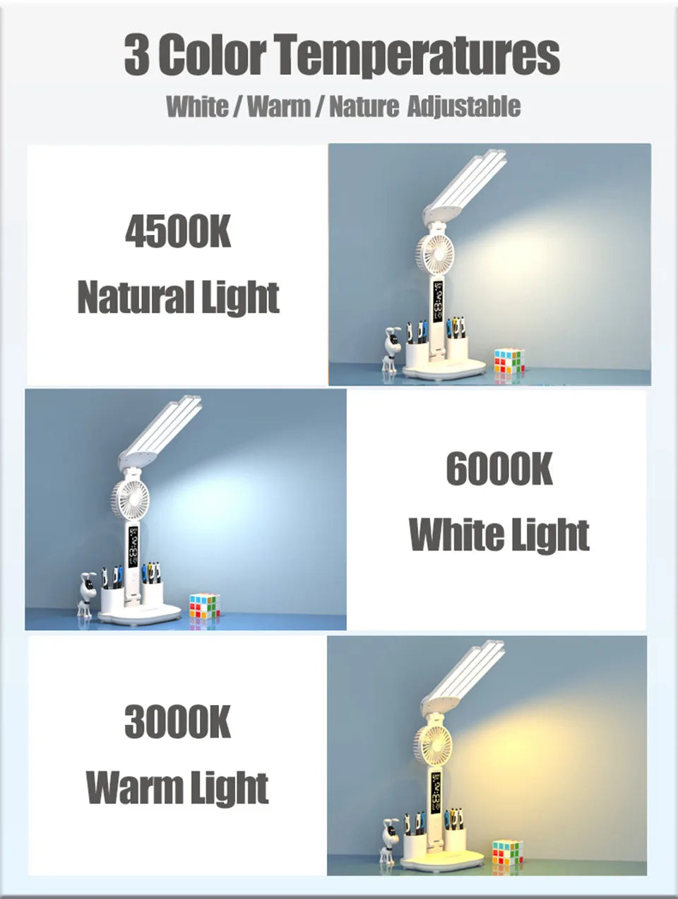 Lampe de bureau enfant à 4 bras lumineux avec ventilateur et horloge