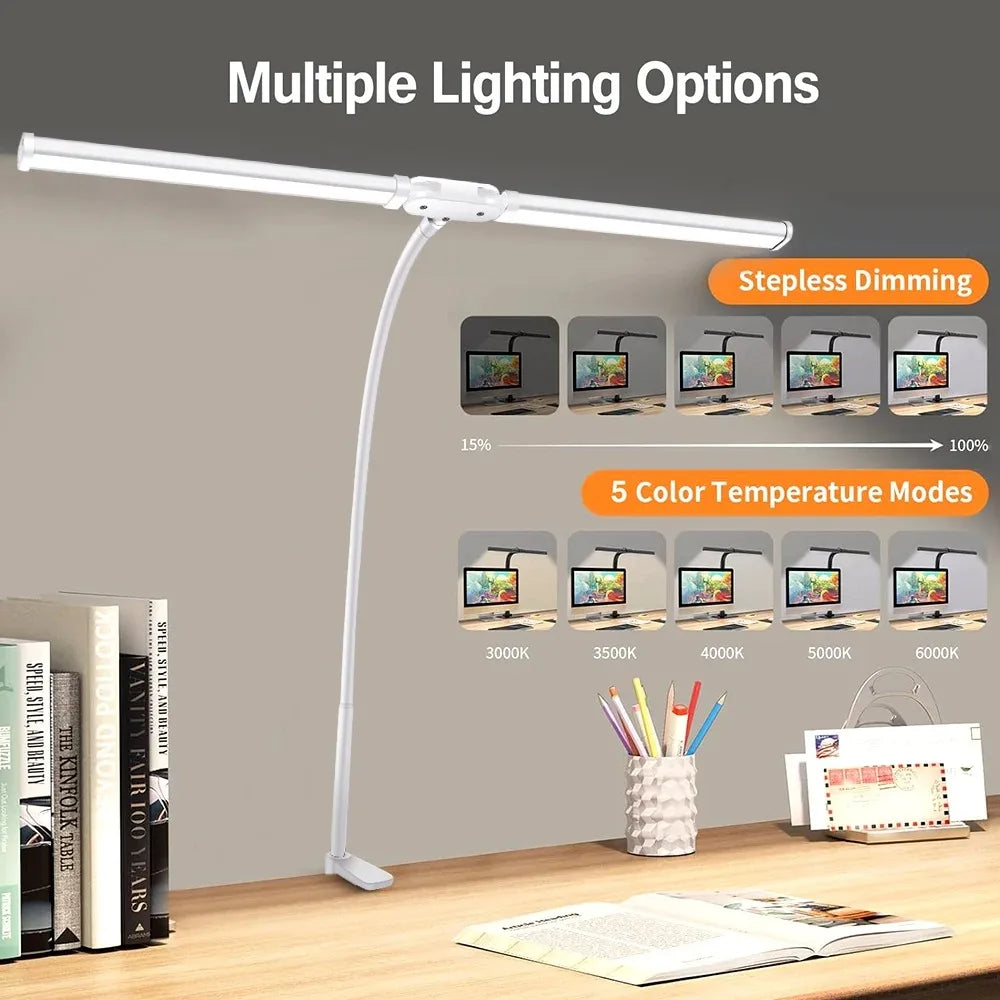 Lampe de bureau LED à pince, double tête et col de cygne flexible