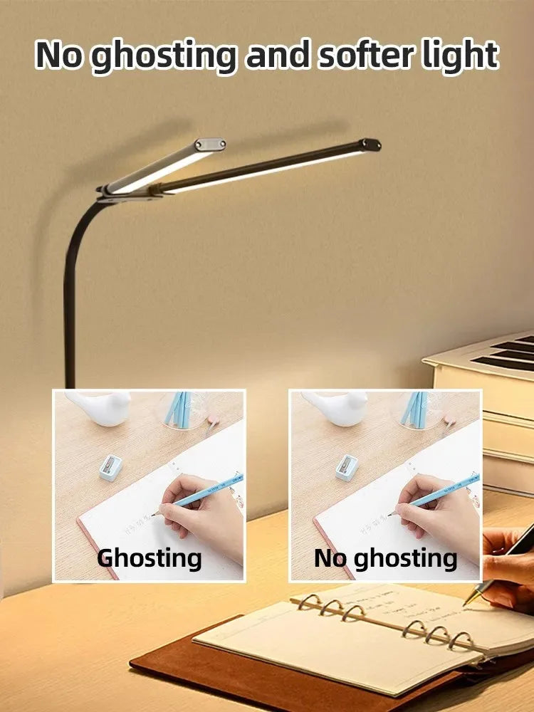 Lampe de bureau LED à pince, double tête et col de cygne flexible
