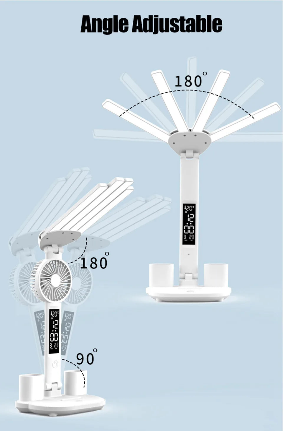 Lampe de bureau enfant à 4 bras lumineux avec ventilateur et horloge