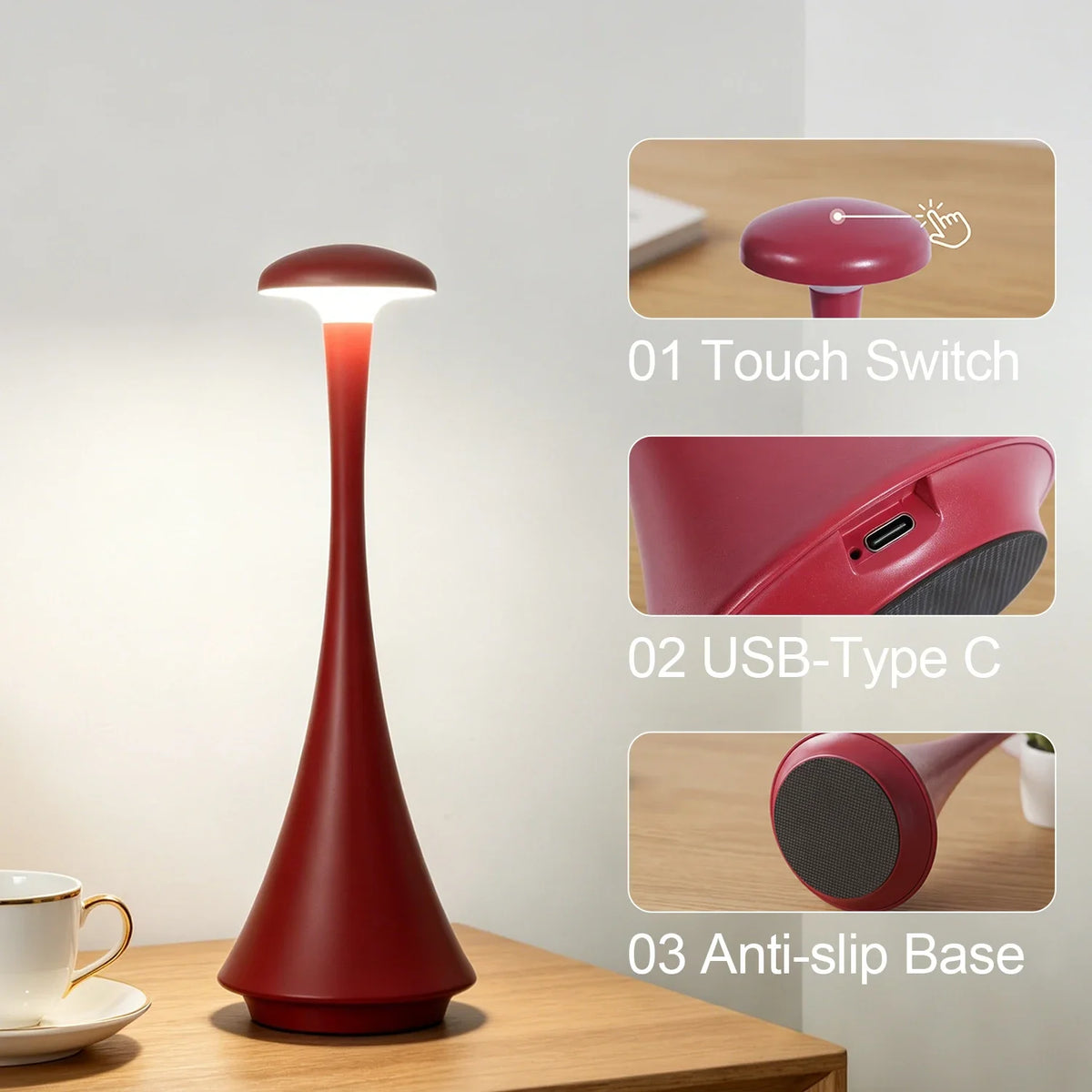 Lampe de bureau sans fil champignon rechargeable à commande tactile