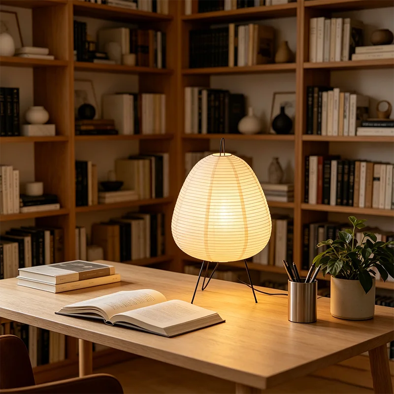 Lampe de bureau LED en papier de riz sur trépied en métal