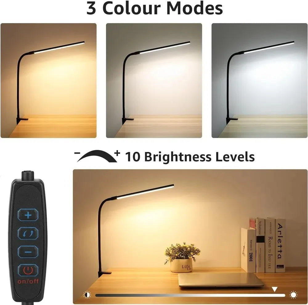 Lampe de bureau LED à pince, double tête et col de cygne flexible
