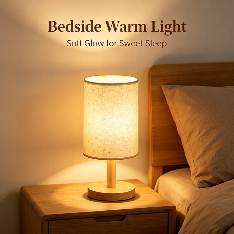 Lampe de bureau LED abat-jour en tissu et pied en bois, 3 teintes