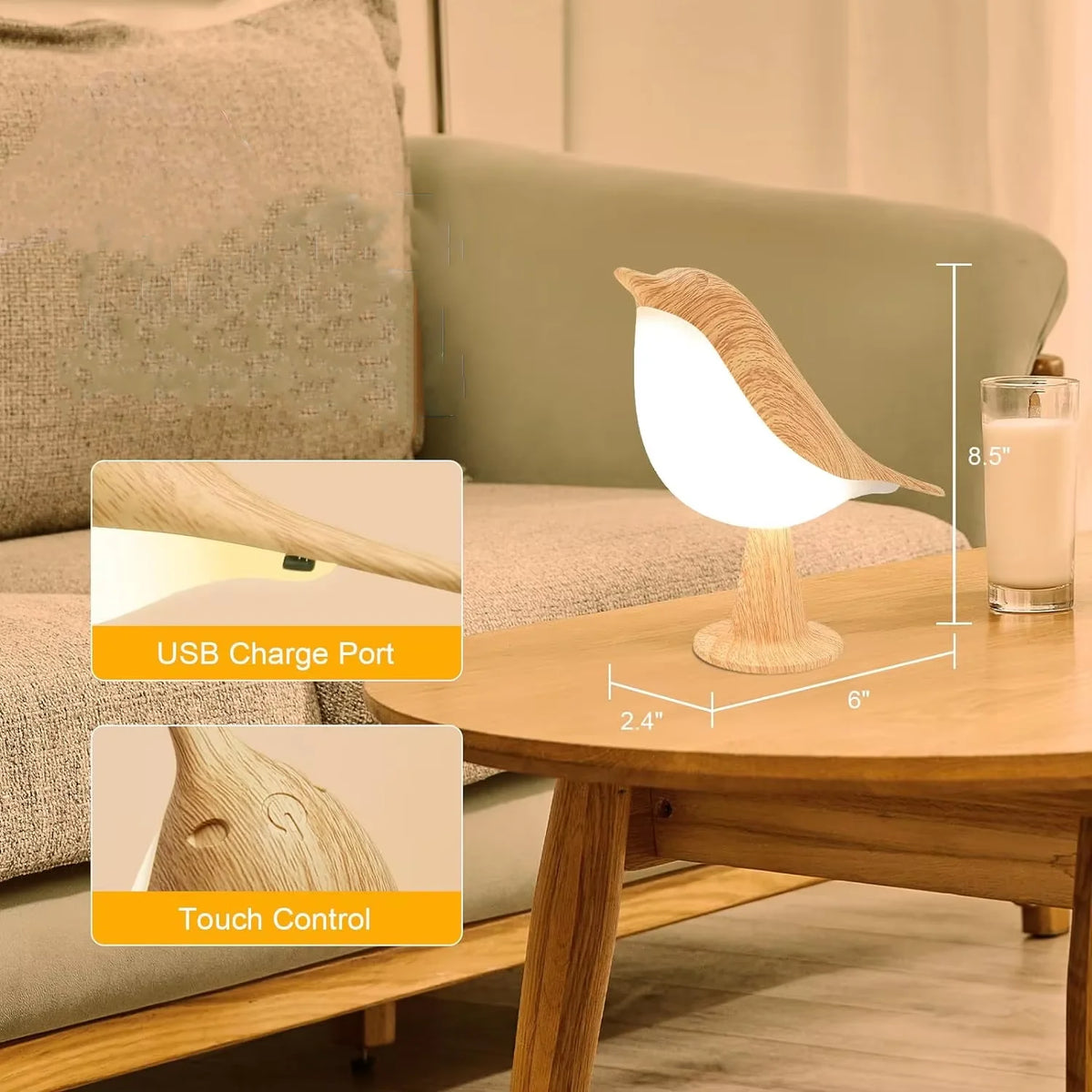 Lampe de bureau sans fil oiseau effet bois