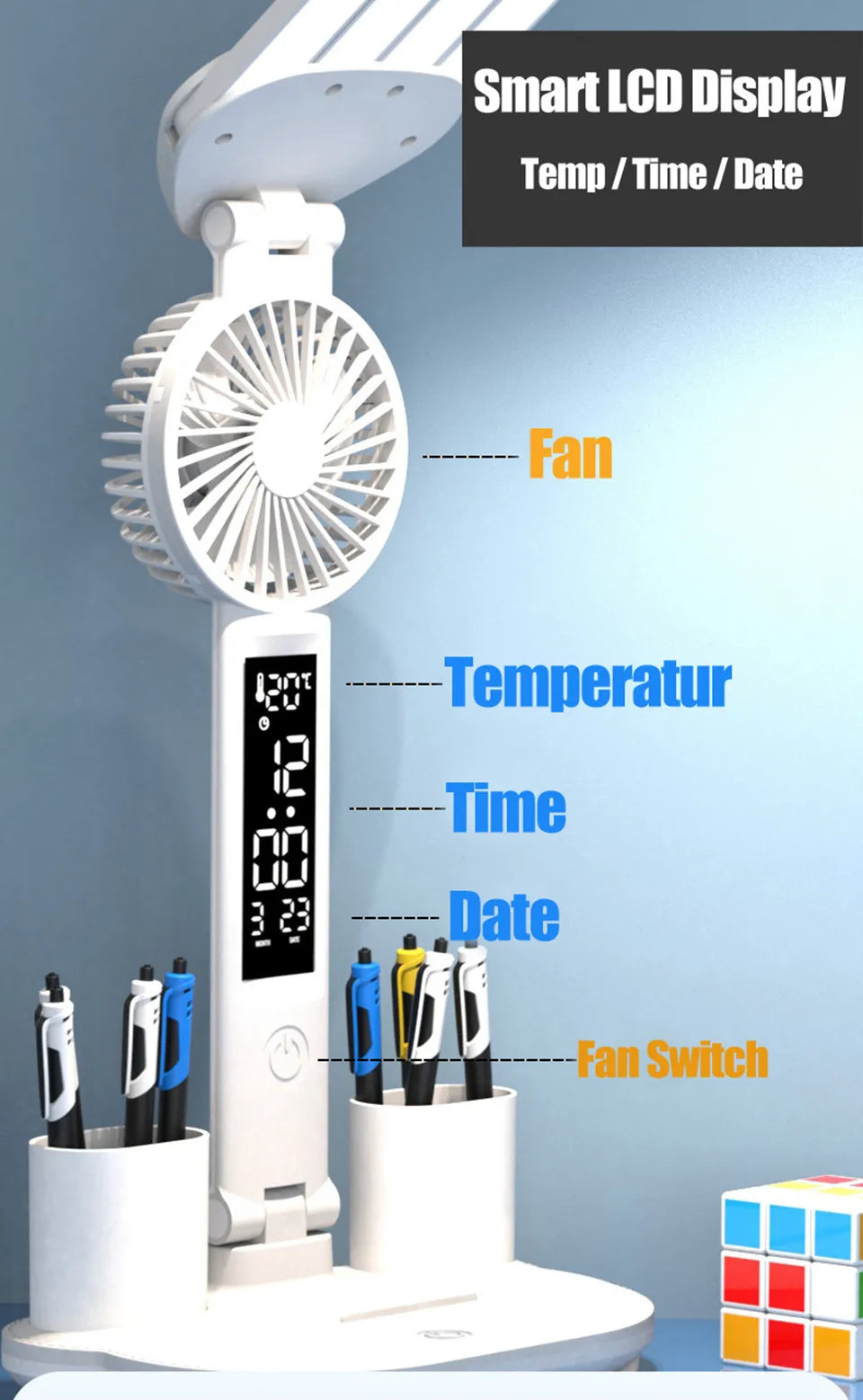 Lampe de bureau enfant à 4 bras lumineux avec ventilateur et horloge