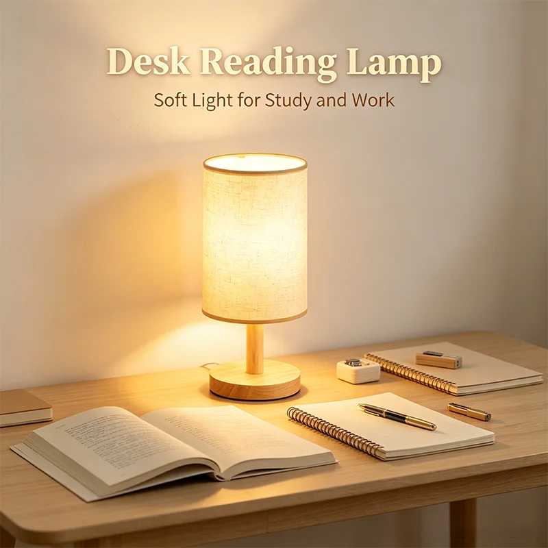 Lampe de bureau LED abat-jour en tissu et pied en bois, 3 teintes