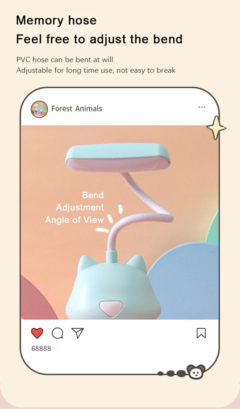 Lampe de bureau enfant chat rechargeable avec support téléphone