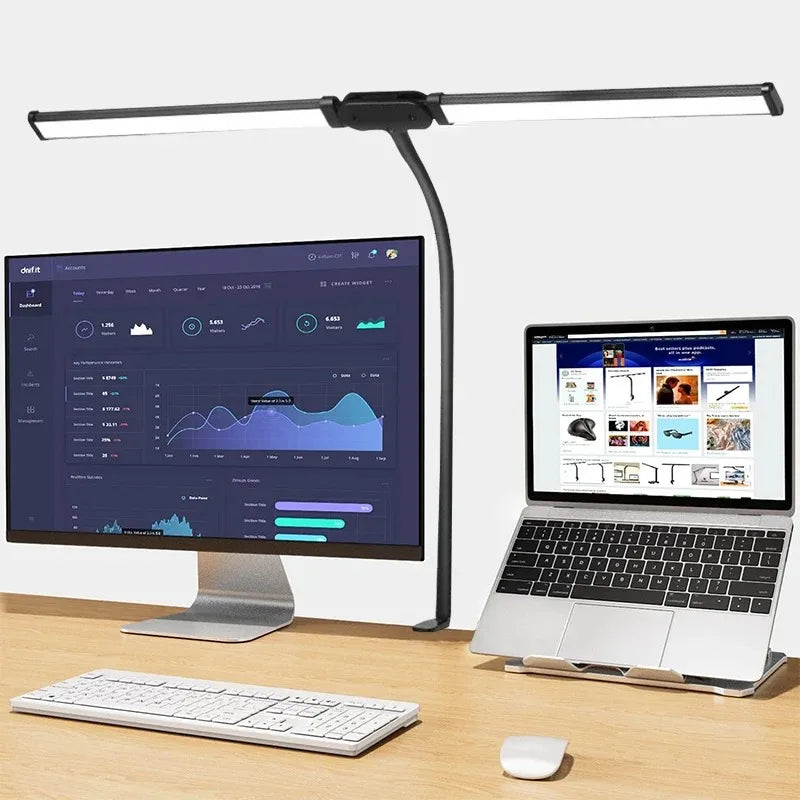 Lampe de bureau LED à pince, double tête et col de cygne flexible