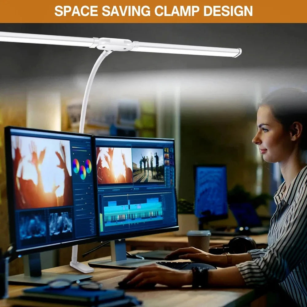 Lampe de bureau LED à pince, double tête et col de cygne flexible