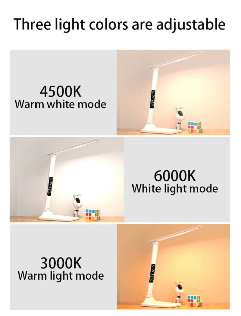 Lampe de bureau LED pliable avec écran horloge et température