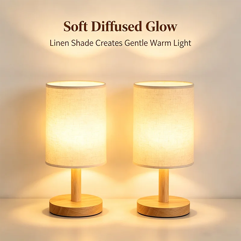 Lampe de bureau LED abat-jour en tissu et pied en bois, 3 teintes