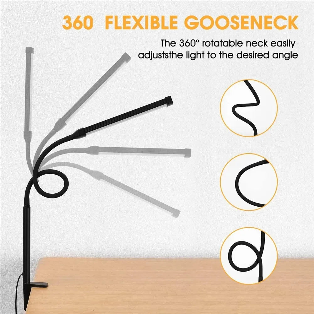 Lampe de bureau LED à pince, double tête et col de cygne flexible