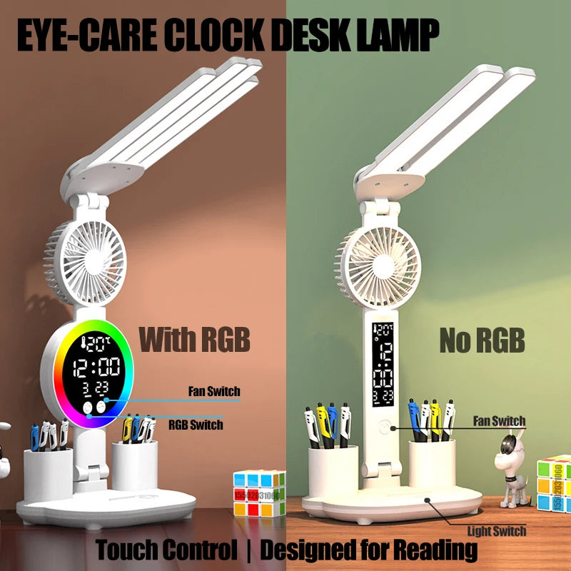 Lampe de bureau enfant à 4 bras lumineux avec ventilateur et horloge