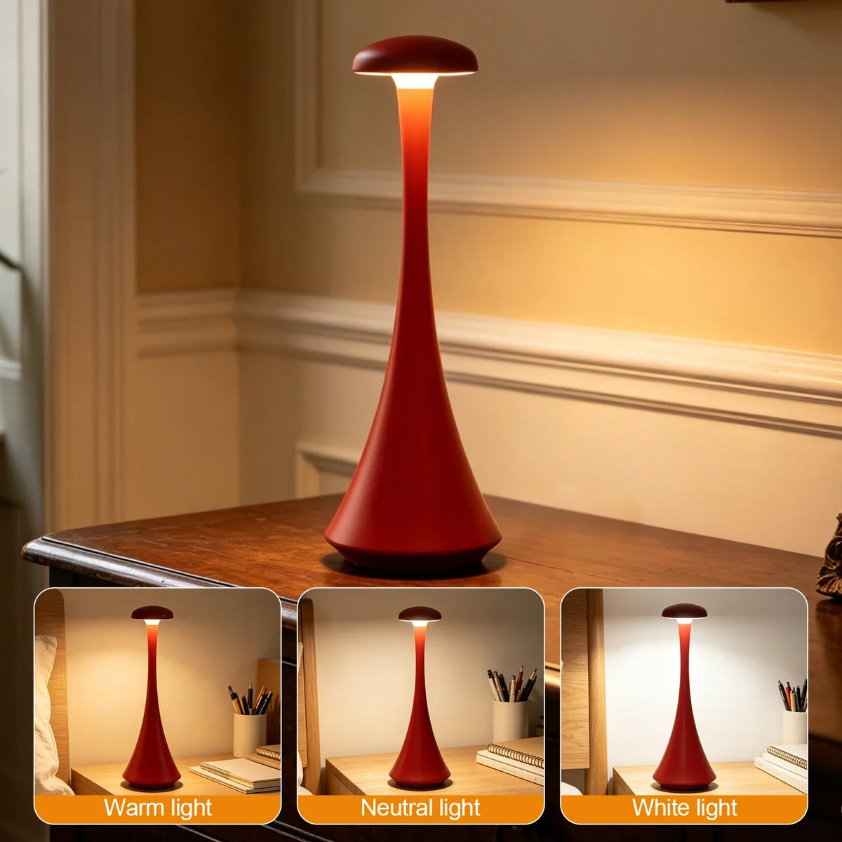 Lampe de bureau sans fil champignon rechargeable à commande tactile