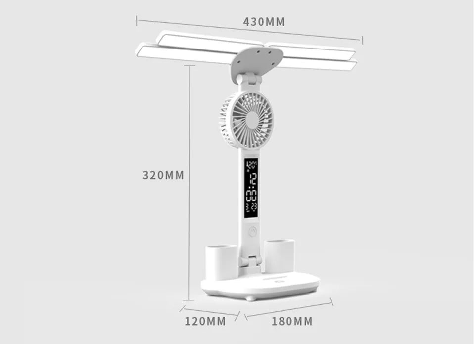 Lampe de bureau enfant à 4 bras lumineux avec ventilateur et horloge