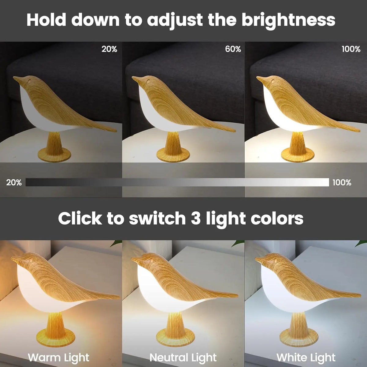 Lampe de bureau sans fil oiseau effet bois