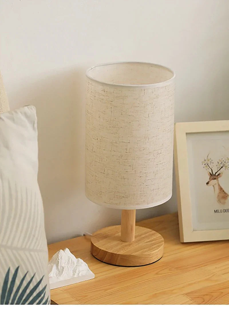 Lampe de bureau LED abat-jour en tissu et pied en bois, 3 teintes