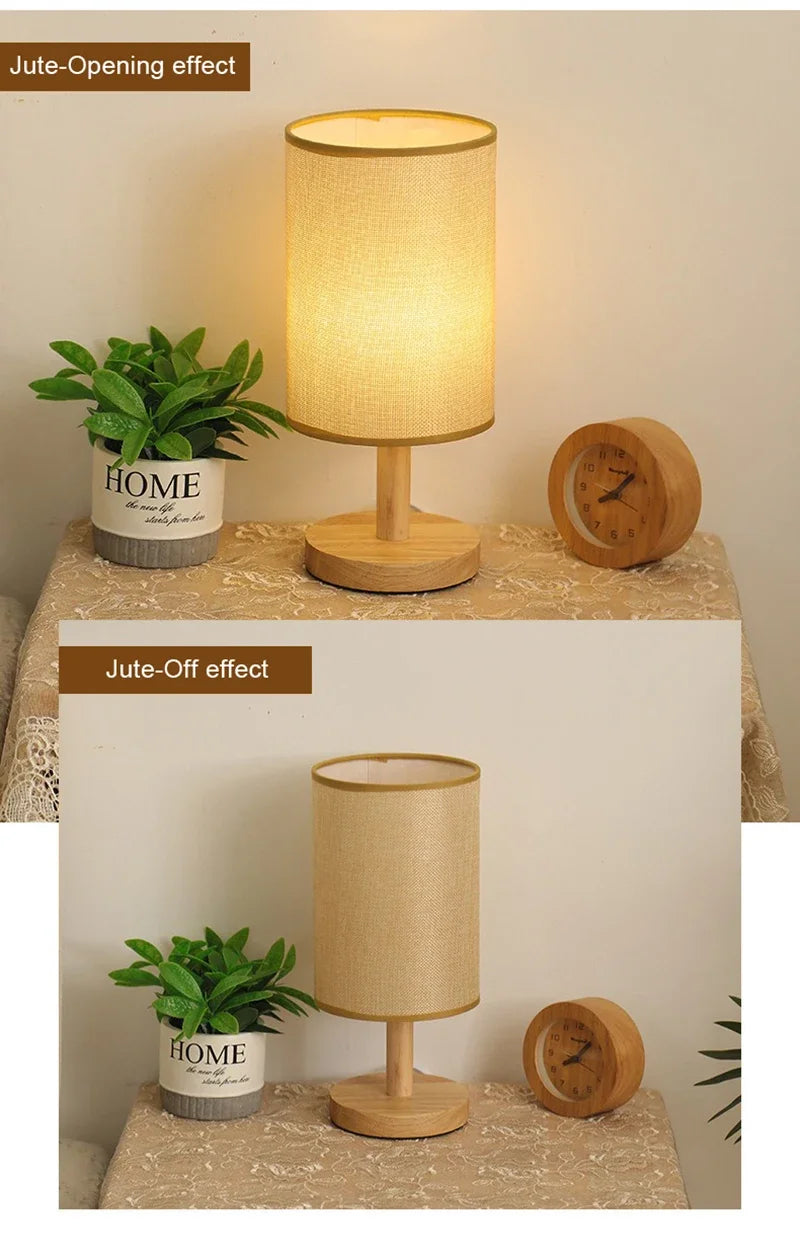 Lampe de bureau LED abat-jour en tissu et pied en bois, 3 teintes