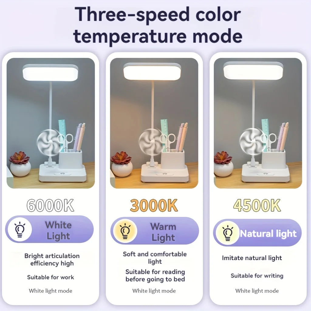 Lampe de bureau enfant rechargeable blanche avec pot à crayons et bras flexible