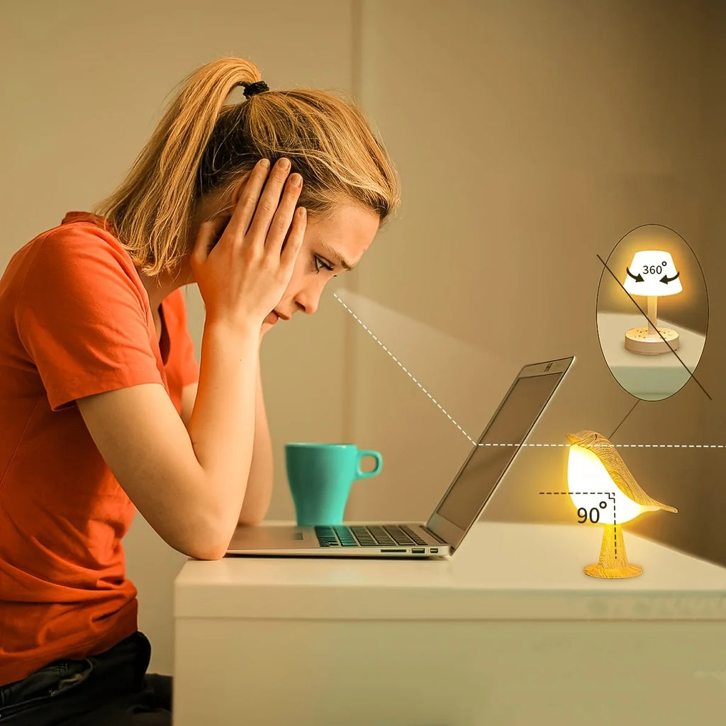 Lampe de bureau sans fil oiseau effet bois