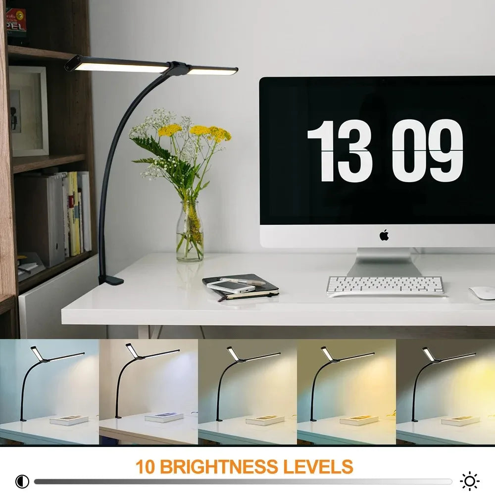 Lampe de bureau LED à pince, double tête et col de cygne flexible