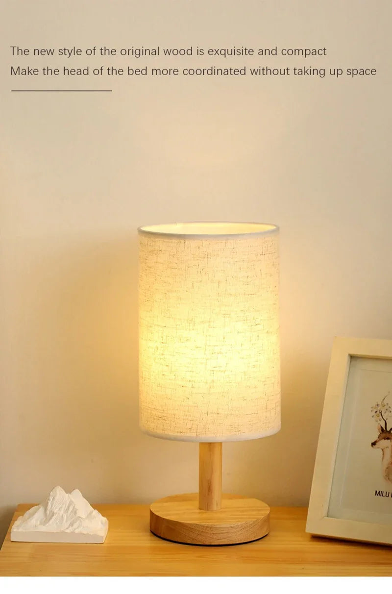 Lampe de bureau LED abat-jour en tissu et pied en bois, 3 teintes