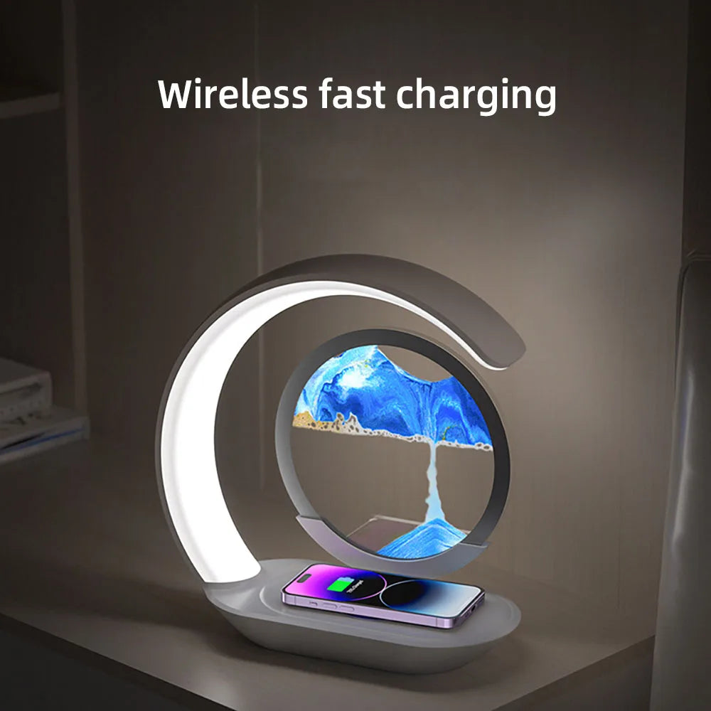 Lampe de bureau sans fil à sable mouvant avec chargeur à induction