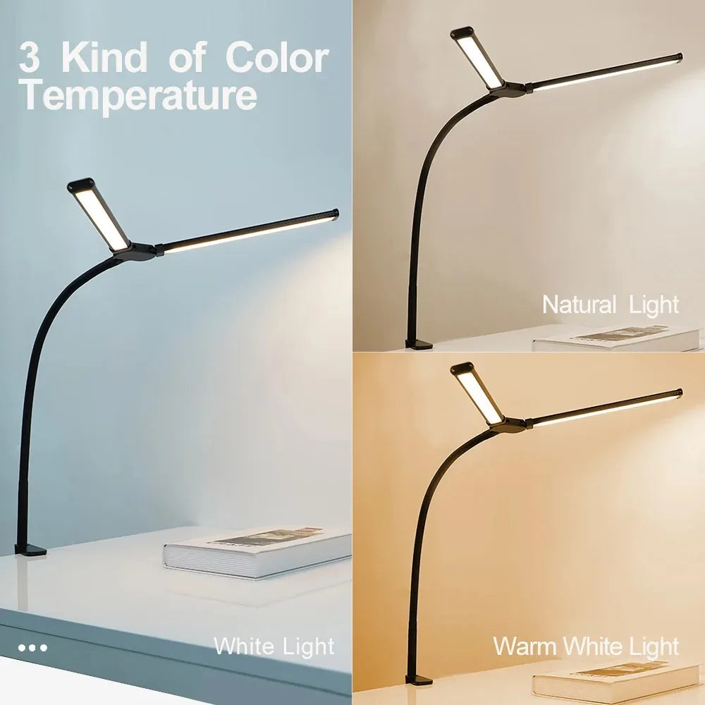 Lampe de bureau LED à pince, double tête et col de cygne flexible