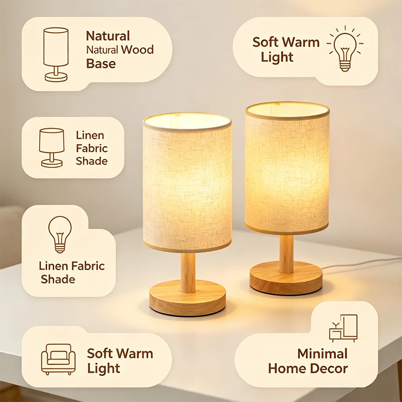 Lampe de bureau LED abat-jour en tissu et pied en bois, 3 teintes