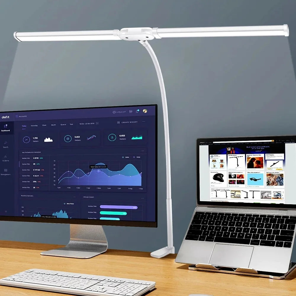 Lampe de bureau LED à pince, double tête et col de cygne flexible