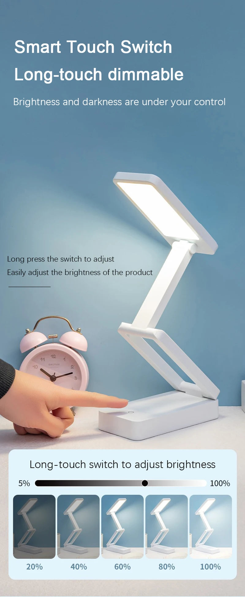 Lampe de bureau sans fil pliable rechargeable à tête orientable