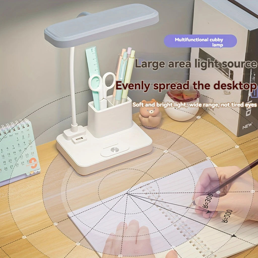 Lampe de bureau enfant rechargeable blanche avec pot à crayons et bras flexible