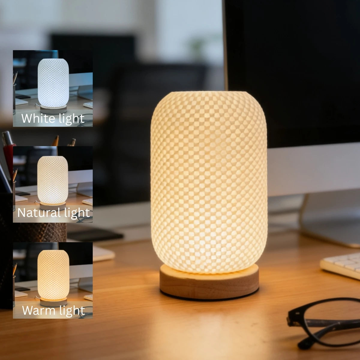 Lampe de bureau LED abat-jour torsadé imprimé en 3D, socle en bois