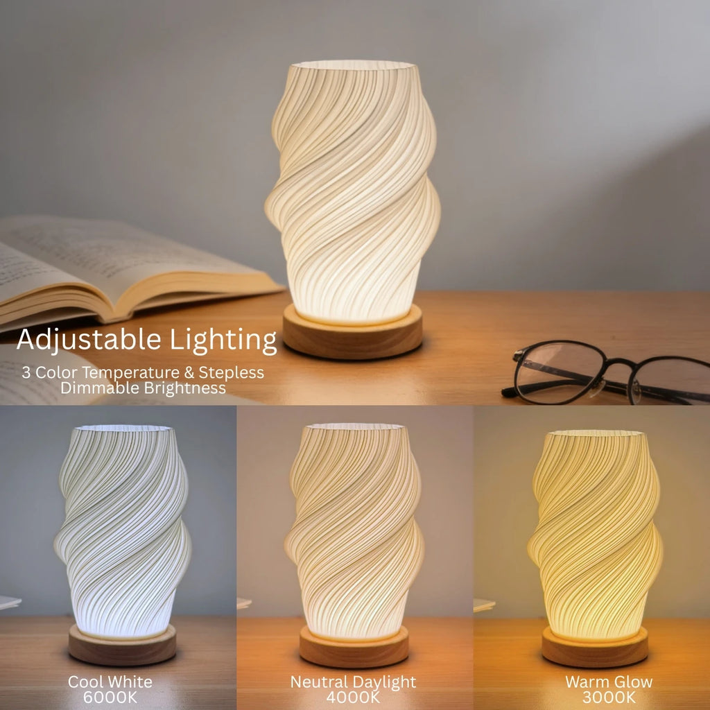 Lampe de bureau LED abat-jour torsadé imprimé en 3D, socle en bois