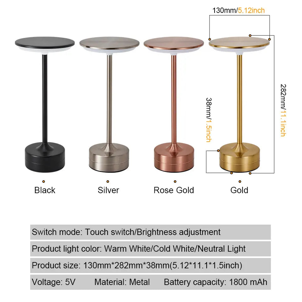 Lampe de bureau sans fil tactile en métal à tête ronde, 3 teintes de blanc