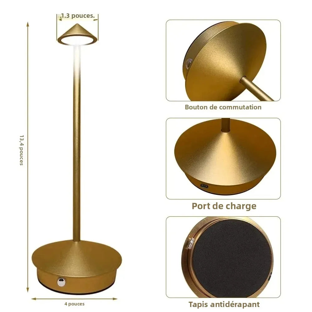 Lampe de bureau sans fil en métal à chapeau conique, rechargeable