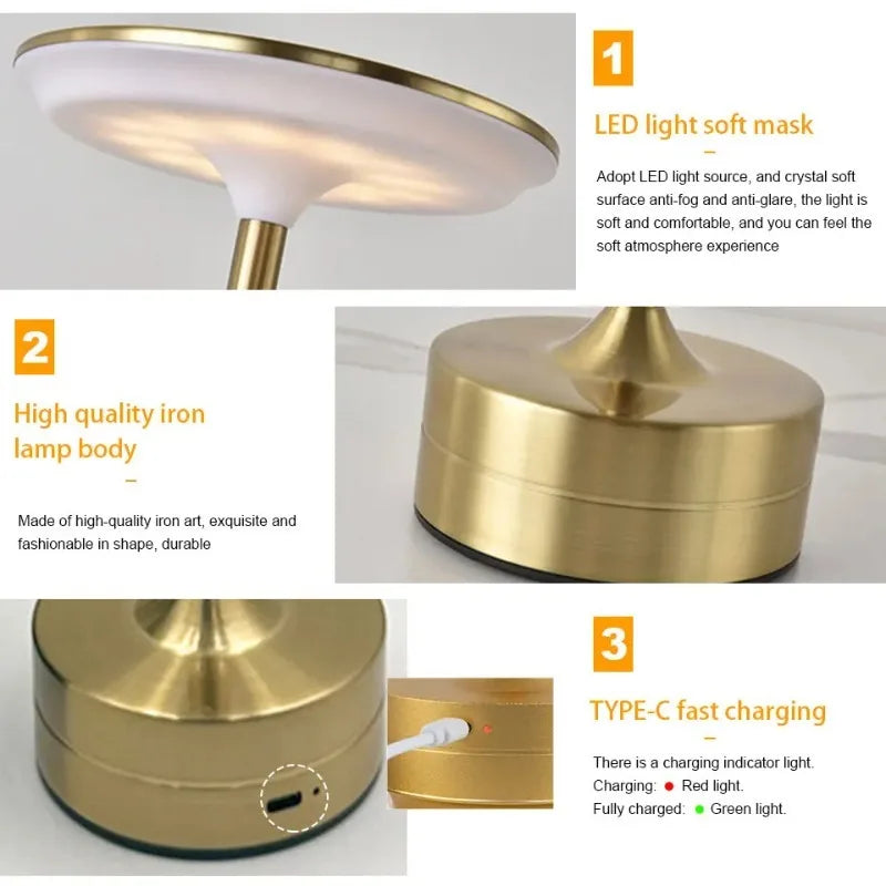 Lampe de bureau sans fil tactile en métal à tête ronde, 3 teintes de blanc