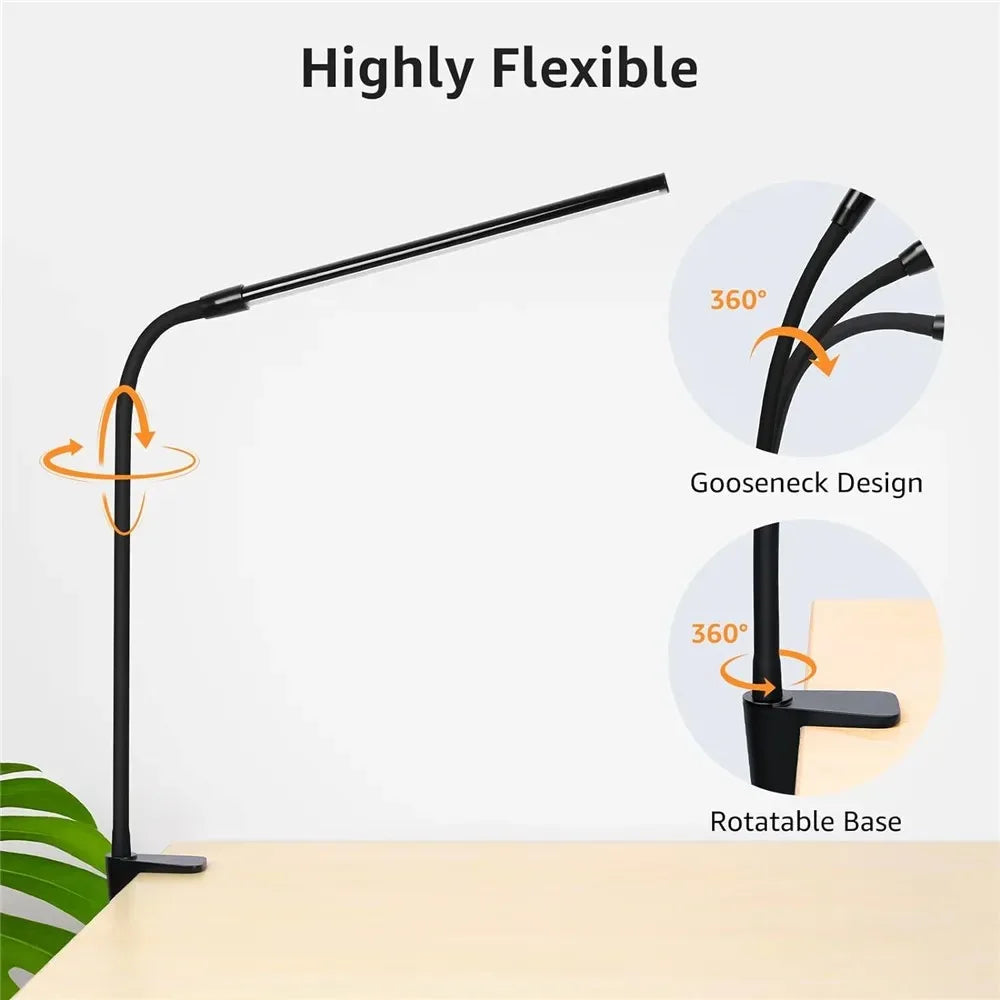 Lampe de bureau LED à pince, double tête et col de cygne flexible
