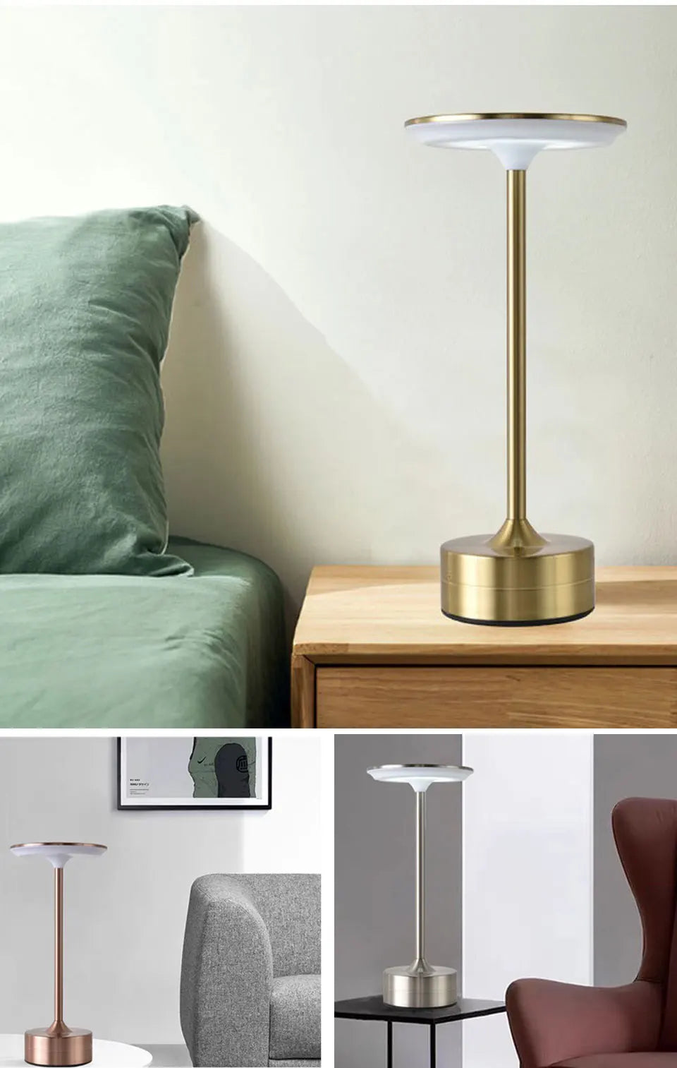 Lampe de bureau sans fil tactile en métal à tête ronde, 3 teintes de blanc