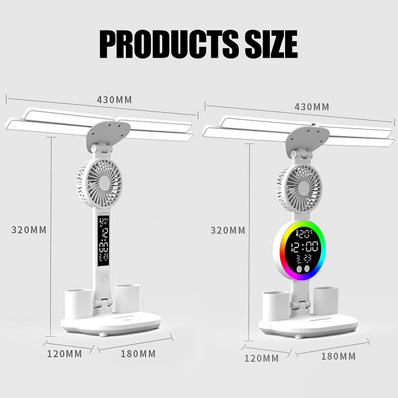 Lampe de bureau enfant à 4 bras lumineux avec ventilateur et horloge