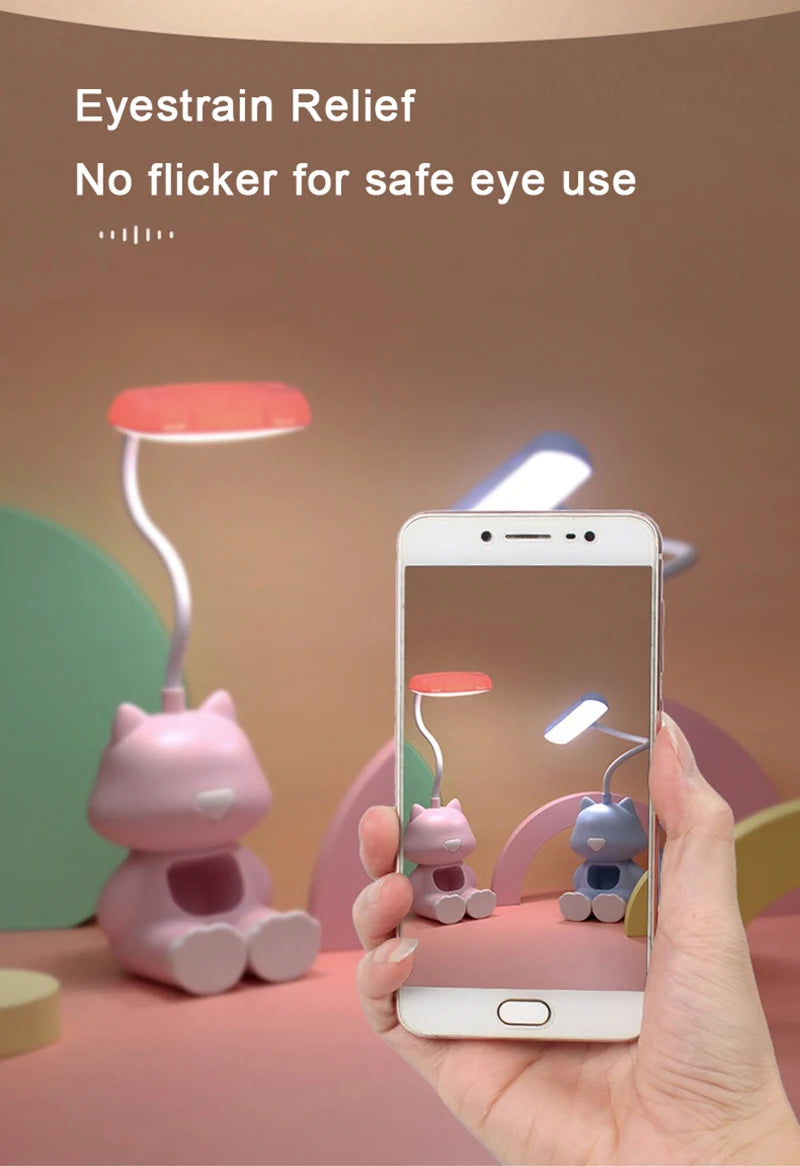 Lampe de bureau enfant chat rechargeable avec support téléphone