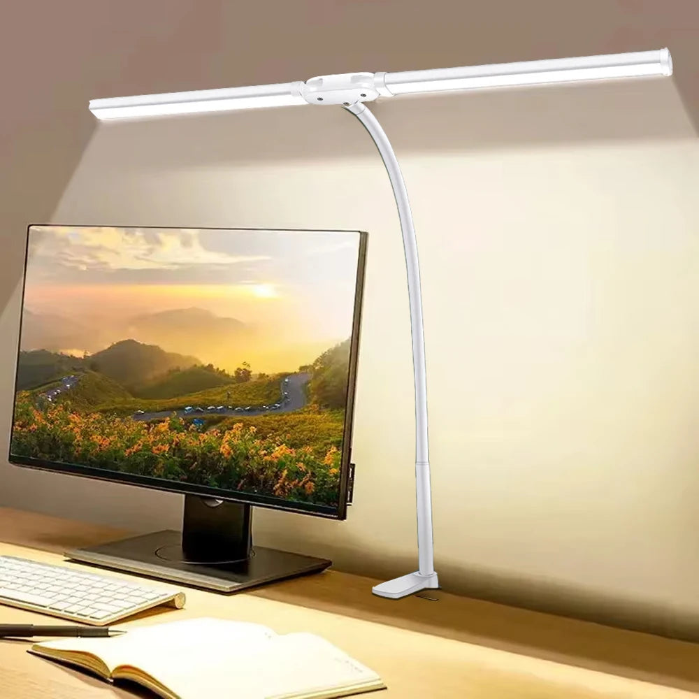Lampe de bureau LED à pince, double tête et col de cygne flexible