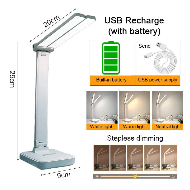 Lampe de bureau enfant pliable rechargeable à double barre LED